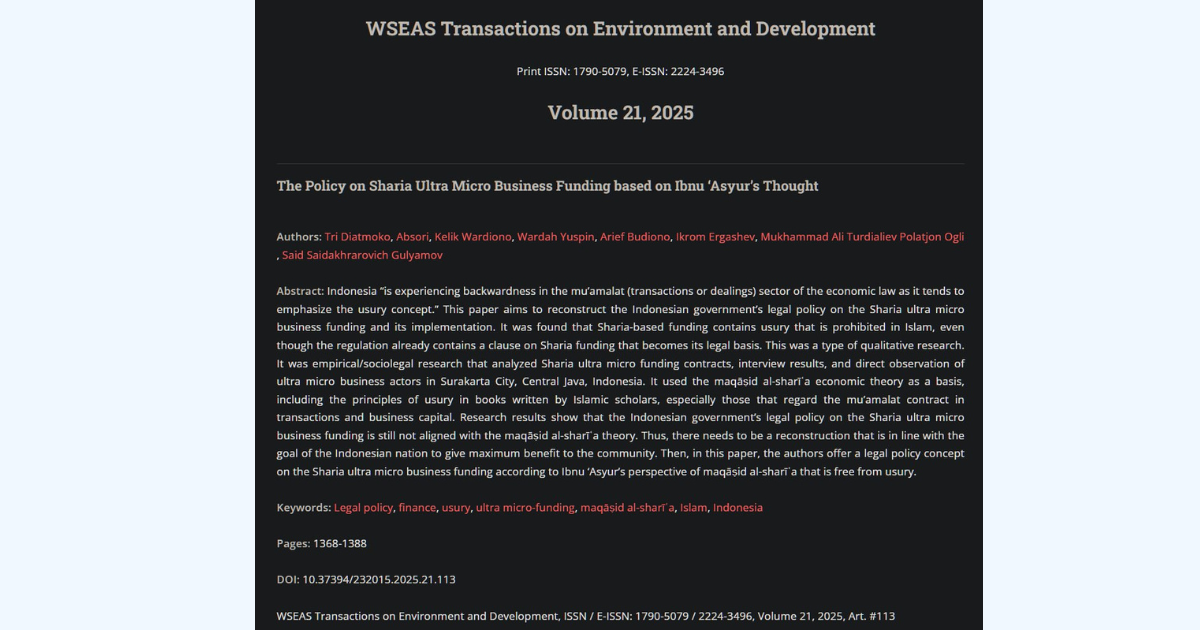 Prof. Said Gulyamov published article The Policy on Sharia Ultra Micro Business Funding based on Ibnu 'Asyur's Thought